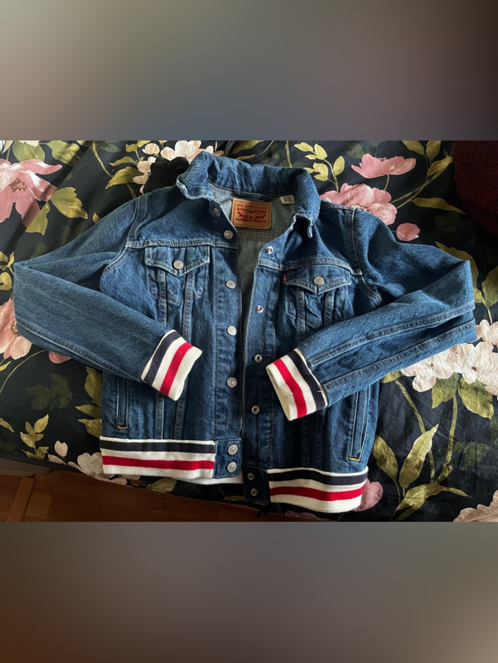 Levi's Blue Denim Jacket with Red, White & Navy Ribbed Trim